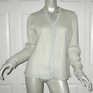WHITE + WARREN Light Green Mohair Blend Sweater Frayed Details Large